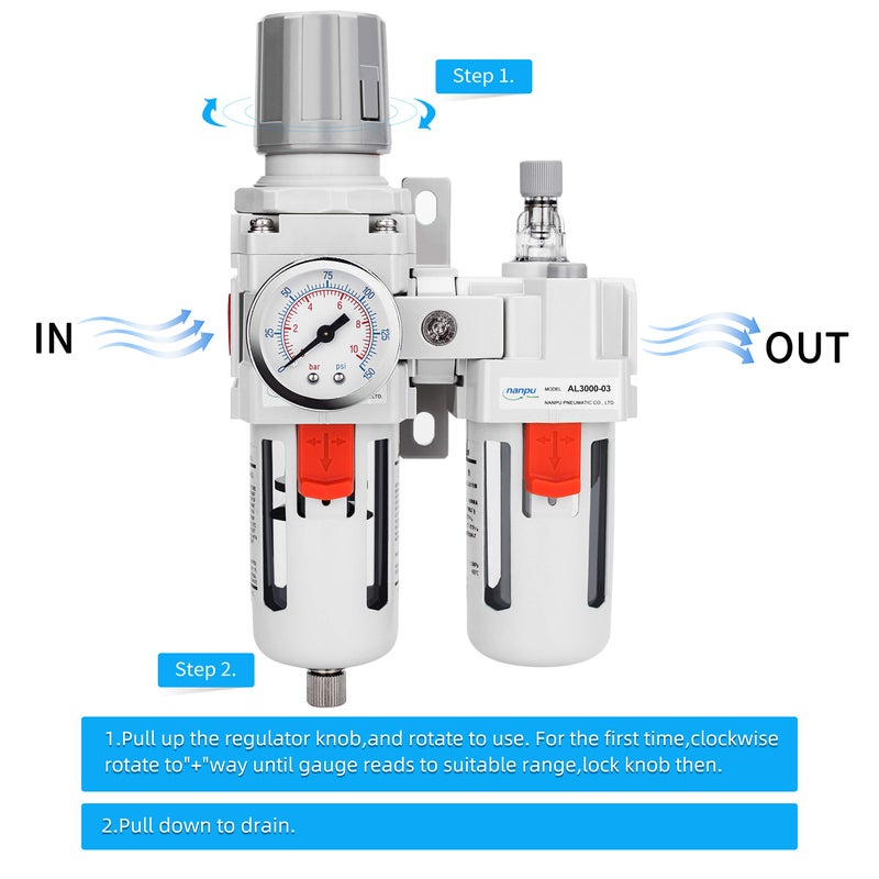NANPU 3/8" NPT Auto-Drain Air Filter Regulator Lubricator Combo (FRL) Water/Oil Trap Separator - Gauge(0-150 psi), 5 Micron Brass Element, Poly Bowl, Metal Bracket - Image 5